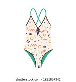 Female one-piece swimsuit. Modern swimwear with bright multicolor geometric pattern. Women swimming clothes with crossed straps on back. Flat colorful vector illustration isolated on white background