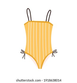 Female one-piece swimsuit. Stylish yellow strapped swimwear. Striped swim clothes. Flat colorful vector illustration isolated on white background.