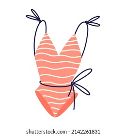 Female one-piece swimsuit vector icon. Hand drawn illustration isolated on white background. Bright striped clothes for relaxing on the beach, sunbathing, swimming. Summer cartoon clipart, flat style
