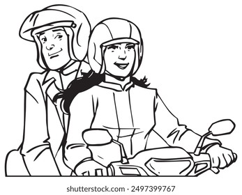 A female online motorcycle driver with her passenger. Illustration in black and white and vector format.