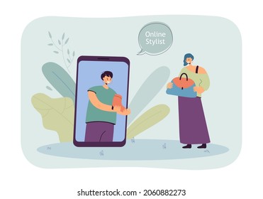 Female online stylist helping woman with outfit via phone. Professional choosing shoes for bag flat vector illustration. Fashion, clothing concept for banner, website design or landing web page