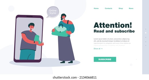 Female online stylist helping woman with outfit via phone. Professional choosing shoes for bag flat vector illustration. Fashion, clothing concept for banner, website design or landing web page