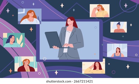 Weibliches Online-Trainingskonzept. Workshop von Geschäftsfrauen, Netzwerk-Marketing für Hausfrauen. Psychologie, Soziologie, Infogipsen, Vektorszene