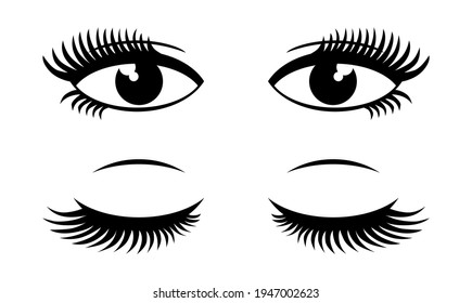 Female open and closed eyes. Vector icons on transparent background