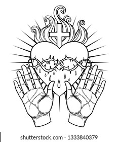 Female open hands around sacred heart of Jesus. Hope faith and help, assistance and support symbol. Black and white vector illustration in vintage style isolated on white