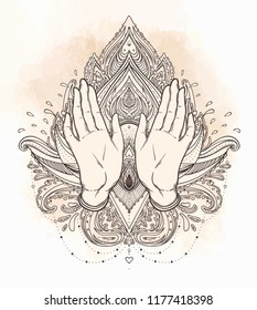 Female open hands over sacred geometry design elements. Alchemy, philosophy, spirituality symbols. Vintage vector illustration in vintage style isolated on white.