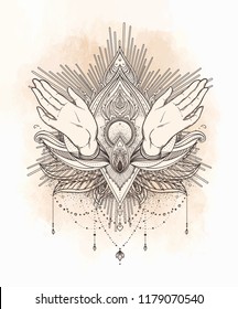 Female open hands over sacred geometry design elements. Alchemy, philosophy, spirituality symbols. Vintage vector illustration in vintage style isolated on white.