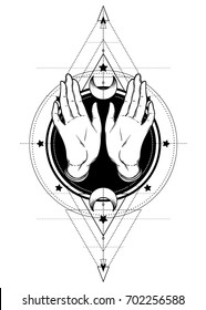 Female open hands over sacred geometry design elements. Alchemy, philosophy, spirituality symbols. Black, white vector illustration in vintage style isolated on white.