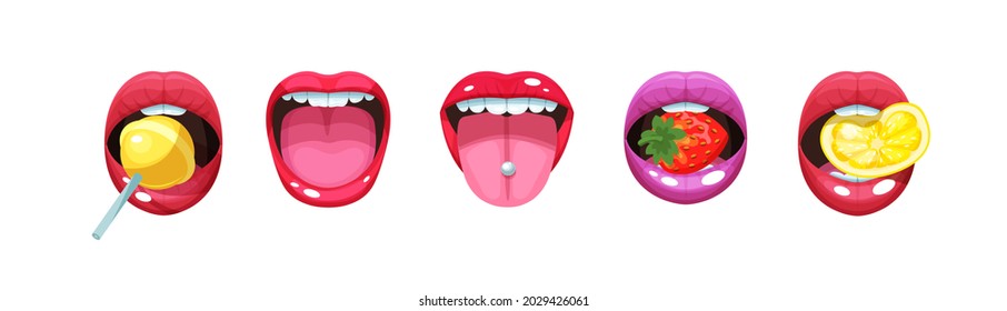 Female open mouth with fruit and sweet set. Woman red lipstick lips with tongue piercing and teeth. Eating lollipop, strawberry and lemon slice. Glossy feminine provocative smile cartoon vector