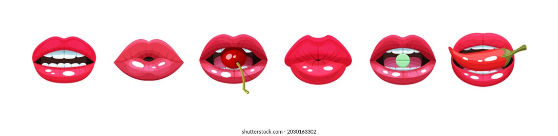 Female Open Sexy Mouth With Fruit And Spices Set. Woman Red Lipstick Lips With Teeth, Open And Closed. Eating Cherry, Pill And Hot Pepper. Glossy Feminine Provocative Smile Cartoon Vector