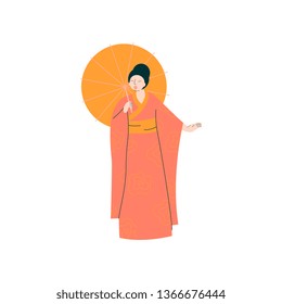 Female Opera Singer Performing On Stage, Beautiful Woman Giving Representation in Japanese Traditional Clothing Vector Illustration