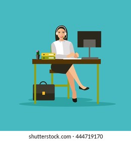 Female operator in call center concept vector banner. Customer service and support company office. People work in call center. Woman with headset and computer.
