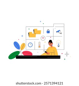 Female Operator Controlling Smart Home System On Tablet With Technology Icons Displayed In Flat Vector Illustration Symbolizing Home Automation, Isolated On White Background.