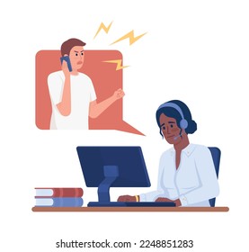 Female operator handling angry customer semi flat color vector characters. Editable figures. Full body people on white. Simple cartoon style illustration for web graphic design and animation