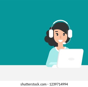 Female operator with headphones, microphone on blue background. flat vector illustration. girl with headset. consulting, job online, internet. Call center. help line