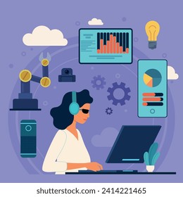 Female operator in headphones using modern devices. Computer, tablet, smartphone, robotic arm. Technology and innovation concept