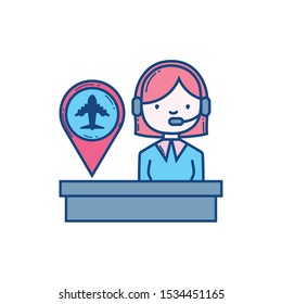 female operator with headset pin destination aviation airport vector illustration