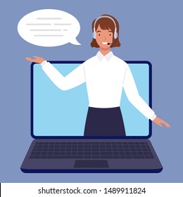 female operator with headset speaking from computer screen. Customer service concept. Vector illustration in a flat style