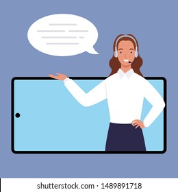 Female operator with headset speaking from screen of a smart phone. Customer service concept. Vector illustration in a flat style