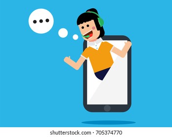 female operator with headset speaking from screen of a smart phone. Customer service concept.