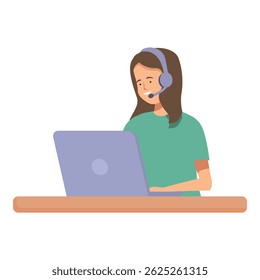Female operator with headset working on a laptop, providing online customer assistance