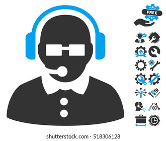 Female Operator icon with bonus configuration pictograph collection. Vector illustration style is flat iconic blue and gray symbols on white background.