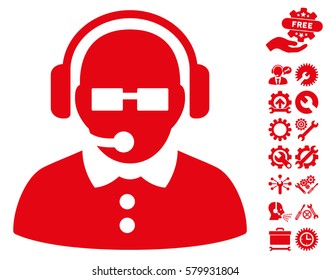 Female Operator icon with bonus tools clip art. Vector illustration style is flat iconic red symbols on white background.