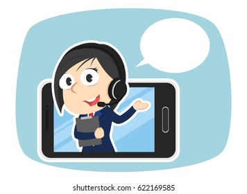 female operator inside smartphone with callout