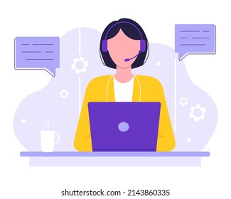 Female Operator, Manager. Customer Service And Advice, Online Global Technical Support Around The Clock. Vector Illustration