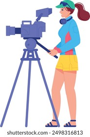 Female operator with professional video camera. Cinema production isolated on white background