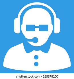 Female Operator vector icon. Style is flat symbol, white color, rounded angles, blue background.