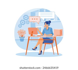 Operadora usando auriculares. Hablar con los Clientes en la pantalla de una computadora. Concepto de operador de línea directa. Ilustración vectorial plana.
