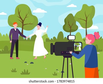 Female operator working at wedding. Camerawoman filming just married couple outdoors scene flat vector illustration. Videographer, operator job concept for banner, website design or landing web page