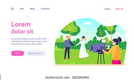 Female operator working at wedding. Camerawoman filming just married couple outdoors scene flat vector illustration. Videographer, operator job concept for banner, website design or landing web page