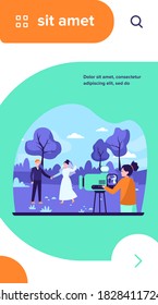 Female operator working at wedding. Camerawoman filming just married couple outdoors scene flat vector illustration. Videographer, operator job concept for banner, website design or landing web page