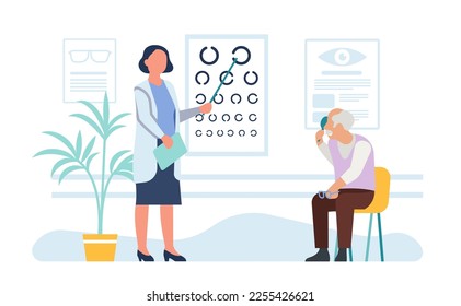 Female ophthalmologist checks old patient eyesight with chart. Vision correction. Retired man eye diagnostic. Senior male health examination. Appointment with doctor