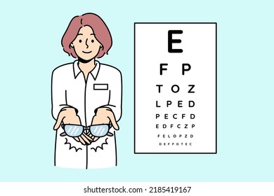 Female ophthalmologist holding glasses on background eye check chart. Eyesight checkup in ophthalmology clinic. Spectacles prescription. Vector illustration. 