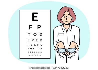 Female ophthalmologist holding glasses on background eye check chart. Eyesight checkup in ophthalmology clinic. Spectacles prescription. Vector illustration.