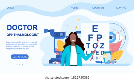 Female ophthalmologist pointing with a pointer to eye chart. Web page template. Flat vector illustration.