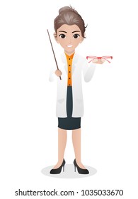 Female Optician Holding Eyeglasses and Pointer 