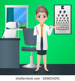 Female Optician Holding Eyeglasses and Pointer 