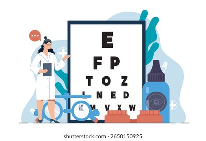Optometrista feminino com gráfico ocular, lente de aumento e colírio no fundo médico abstrato. Conceito de teste de visão e tratamento ocular. Ilustração vetorial
