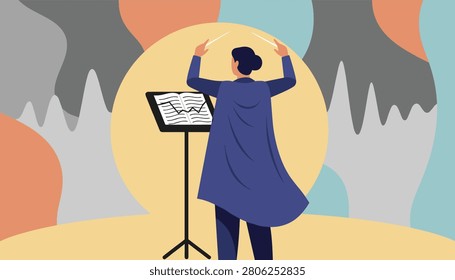Female orchestra conductor seen from behind directing a musical performance on stage with a giant glowing backdrop.