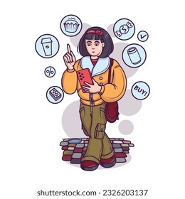 Las mujeres piden bebidas y dulces a través del smartphone. Compra y entrega de productos a través de aplicaciones. Señora comprando por Internet. Tecnología moderna y estilo de vida. Ilustración vectorial en estilo de caricatura