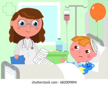 Female orthopedic with sick child in hospital bed, vector illustration