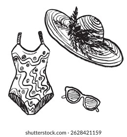 Female outfit for going to the pool or seashore swimming suit, straw hat and sunglasses in black brush stroke texture isolated on white. Hand drawn vector sketch illustration in vintage charcoal ink