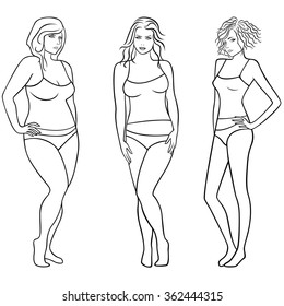 Female outlines with different weight and figures isolated over white, hand drawing vector illustration