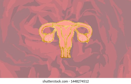 Female ovaries flat vector illustration on rose petals background. Gold and pink Ovary Logo.The female reproductive system,including the ovaries symbol line icon.