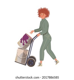 Female in Overall Pushing Buckets with Paint Vector Illustration