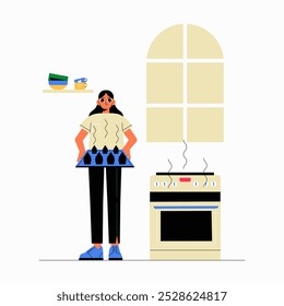 Massa feminina sobrecozinhando na cozinha em ilustração vetorial plana simbolizando o incidente da cozedura, acidente de cozinha e cozinha caseira, isolada no fundo branco.